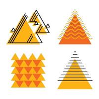 conjunto de formas geométricas contrastantes abstratas de vetor. triângulos decorados com linhas paralelas e ziguezagues. elementos decorativos modernos com traços.