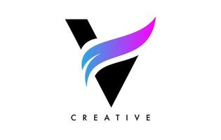 design de ícone de logotipo letra v com swoosh roxo e vetor de forma de corte curvo criativo