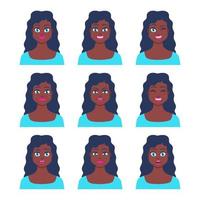 conjunto de ícone feminino jovem com emoções no estilo cartoon. perfil de avatar de menina com expressão facial. retratos de personagens africanos em cores brilhantes. ilustração vetorial isolada em design plano vetor