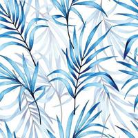 aquarela sem costura padrão com folhas de palmeira tropical azul. flores transparentes em um fundo branco vetor