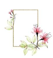 moldura retangular de ouro com flores tropicais transparentes e folhas. flores transparentes em aquarela de cor rosa. logotipo para perfumaria e cosméticos. clipart para casamentos, cartões, convites vetor