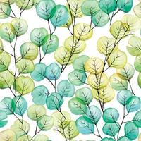 aquarela sem costura padrão com folhas de eucalipto. folhas de eucalipto coloridas transparentes de cor azul, verde e amarela. ilusão botânica de impressão moderna, plantas tropicais vetor