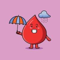 gota de sangue bonito dos desenhos animados na chuva e usando guarda-chuva vetor