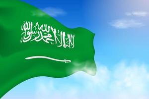 bandeira da arábia saudita nas nuvens. bandeira vetorial acenando no céu. ilustração de bandeira realista do dia nacional. vetor de céu azul.