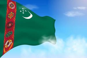 bandeira do turquemenistão nas nuvens. bandeira vetorial acenando no céu. ilustração de bandeira realista do dia nacional. vetor de céu azul.