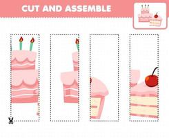 jogo de educação para crianças prática de corte e montagem de quebra-cabeça com bolo de comida de desenho animado vetor