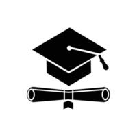 boné de formatura da universidade com rolo de certificado preto. silhueta de boné de formatura simples. ilustração de design de formatura de educação estudantil vetor