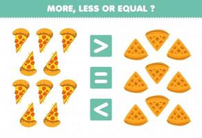 jogo de educação para crianças mais menos ou igual conte a quantidade de waffle de pizza de comida de desenho animado vetor