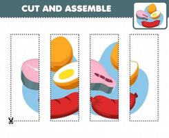 jogo de educação para crianças prática de corte e montagem de quebra-cabeça com salsicha de ovo de salmão de comida de desenho animado vetor