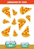 jogo de educação para crianças organizar por tamanho grande ou pequeno colocá-lo na caixa comida dos desenhos animados lanche fotos de pizza vetor