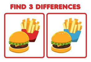 jogo de educação para crianças encontra três diferenças entre duas imagens de desenho animado de hambúrguer de comida e batatas fritas vetor