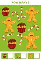 jogo de educação para crianças pesquisando e contando atividade para pré-escola quantos lanche de comida de desenho animado cupcake doce pão de gengibre vetor