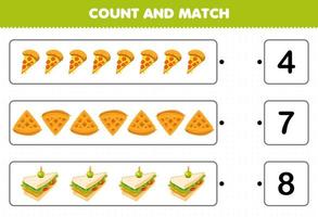 jogo educacional para crianças contar e combinar contar o número de sanduíche de waffle de pizza de comida de desenho animado e combinar com os números certos planilha imprimível vetor
