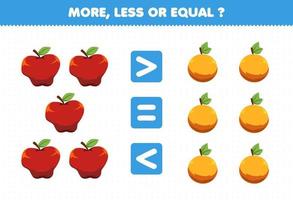 jogo de educação para crianças mais menos ou igual conte a quantidade de frutas dos desenhos animados maçã laranja vetor