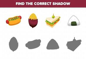 jogo de educação para crianças encontre o conjunto de sombra correto de comida de desenho animado e lanche de cachorro-quente sanduíche de inhame onigiri vetor