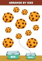 jogo de educação para crianças organizar por tamanho grande ou pequeno colocá-lo na caixa fotos de biscoito de comida de desenho animado vetor