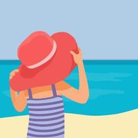 vista traseira da menina bonitinha segurando o chapéu grande se divertindo na praia aproveitando o verão vetor