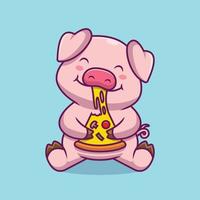 porco bonito comendo ilustração de desenhos animados de pizza vetor