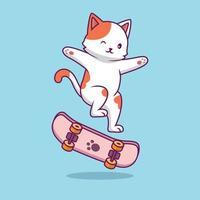 gato fofo brincando de ilustração dos desenhos animados de skate vetor