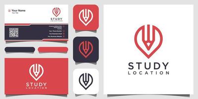 modelo de design de logotipo de local de estudo. lápis combinado com sinal de mapas de pinos. vetor