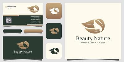 modelo de design de logotipo natural de mulheres de beleza. rosto de mulher combinado com elemento folha. vetor