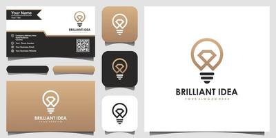 lâmpada de lâmpada criativa e logotipo de diamante e design de cartão de visita. ideia logotipo brilhante lâmpada criativa. vetor