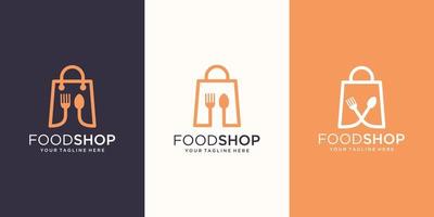 modelo de design de logotipo de loja de comida, bolsa combinada com colher e talheres. vetor
