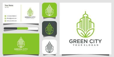 construção de modelo de vetor de design de logotipo imobiliário de cidade verde. símbolo de contorno minimalista para edifícios ecologicamente corretos. ícone e vetor premium de cartão de visita.
