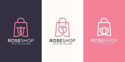 modelo de design de logotipo de loja de rosas, bolsa combinada com flor. vetor