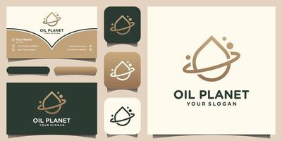 design de logotipo de gota de água combinado com um anel planetário. planeta azeite de oliva. conjunto de design de logotipo e cartão de visita vetor