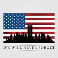 torres gêmeas no horizonte da cidade de nova york. cartaz vetorial de 11 de setembro de 2001. dia do patriota, 11 de setembro, nunca esqueceremos vetor