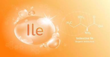 gota de água importante aminoácido isoleucina ile e fórmula química estrutural. isoleucina em um fundo laranja. conceitos médicos e científicos. ilustração em vetor 3D.