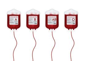 bolsa de sangue com rótulo diferente sistema de grupo sanguíneo a, b, o e rh. idéias de doação de sangue para ajudar o médico ferido. ilustração em vetor 3D eps10