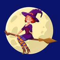 uma bruxa bonita com cabelo ruivo encaracolado, voando à noite em uma vassoura. vetor