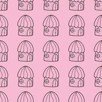 padrão de vetor sem costura de casas de contorno em estilo doodle em fundo rosa.