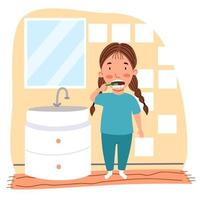 uma garota europeia com tranças de pijama escova os dentes no banheiro. vetor
