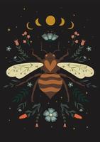cartão postal com vespa, fases da lua e elementos da flora. gráficos vetoriais. vetor