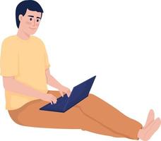 homem sorridente com personagem de vetor de cor semi plana de laptop. figura editável. pessoa de corpo inteiro em branco. trabalho e entretenimento ilustração de estilo de desenho animado simples para web design gráfico e animação