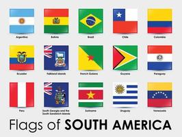 conjunto de bandeiras da américa do sul. sinalizadores simples em forma de quadrado em fundo cinza. vetor
