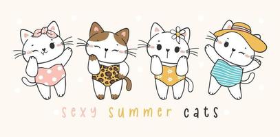 grupo de quatro gatinhos de verão engraçados e fofos em uma peça de banho colorida doodle animal de estimação banner vetorial desenhado à mão vetor