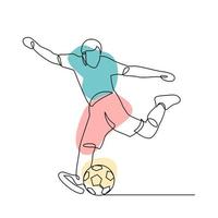 ilustração de linha contínua jogador de futebol chuta a bola vetor