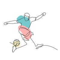ilustração de linha contínua jogador de futebol chuta a bola vetor