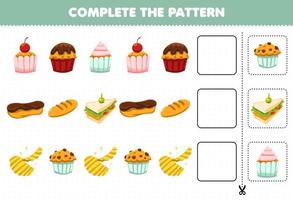 jogo de educação para crianças complete o padrão de pensamento lógico encontre a regularidade e continue a tarefa de linha com comida e lanche cupcake pão sanduíche chip muffin vetor