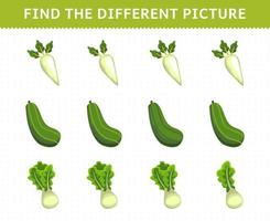 jogo de educação para crianças encontre a imagem diferente em cada linha legumes daikon nabo pepino alface vetor