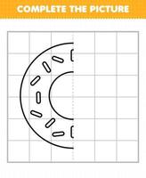 jogo de educação para crianças completa o esboço de rosquinha de comida de desenho animado para desenhar vetor