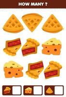 jogo de educação para crianças pesquisando e contando atividade para pré-escola quantos desenhos animados lanche waffle torta queijo vetor