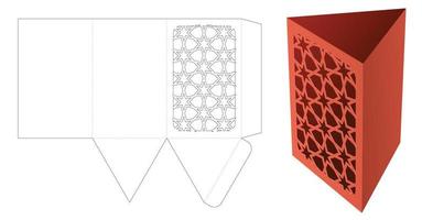 caixa de papelaria em forma triangular com modelo de corte e vinco de padrão estampado e maquete 3d vetor
