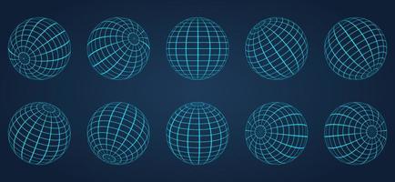 3D esfera de grade globo azul em fundo escuro. bola de malha de grade redonda geométrica. superfície do globo de wireframe. fio latitude e longitude global da terra. globo de planeta 3d de linha com fio. ilustração vetorial. vetor