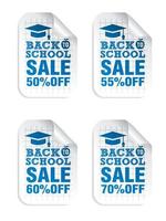 volta para a escola venda adesivos brancos com texto azul 50, 55, 60, 70% de desconto vetor
