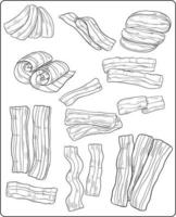 página para colorir de bacon, conjunto de arte de linha de bacon vetor